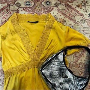 BCBGMaxazria Mustard Yellow V neck Silk Blouse